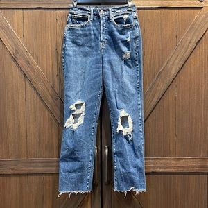 Hollister Ultra High-Rise Vintage Straight ripped medium wash jeans, 3R